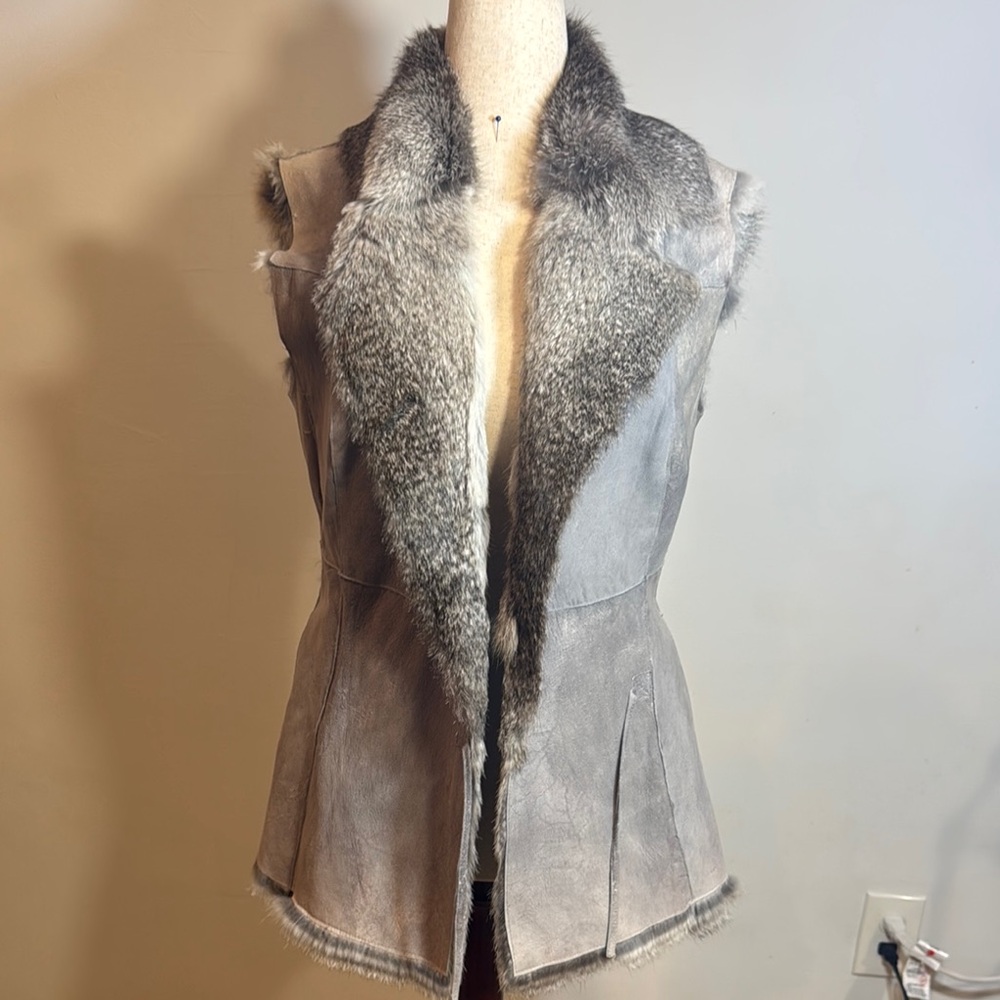 Gray vintage rabbit Fur Trimmed Women's Vest